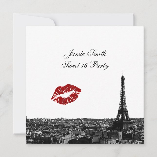 Invitación Paris Francia Skyline Kiss #1 BW dulce 16 V (Anverso)