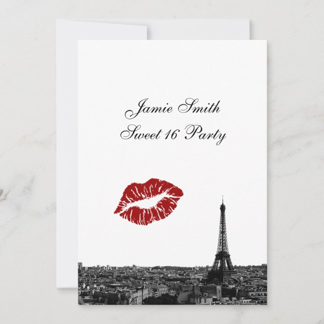 Invitación Paris Francia Skyline Kiss #1 BW dulce 16 V (Anverso)