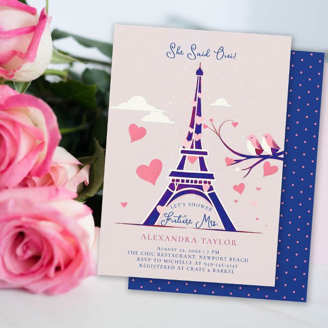 Invitación Paris Lovebirds Corazón Rosado Ducha Bridal de la  (paris bridal shower invitation theme navy pink eiffel hearts lovebirds she said oui elegant modern)