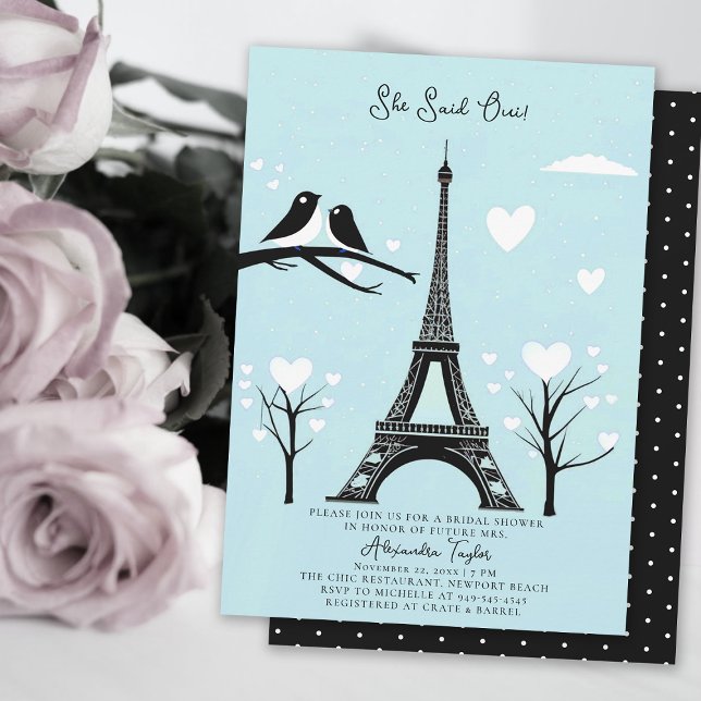 Invitación Paris Lovebirds Eiffel Winter Blue Bridal Shower (winter bridal shower invitation paris theme she said oui ice blue lovebirds hearts elegant romantic )