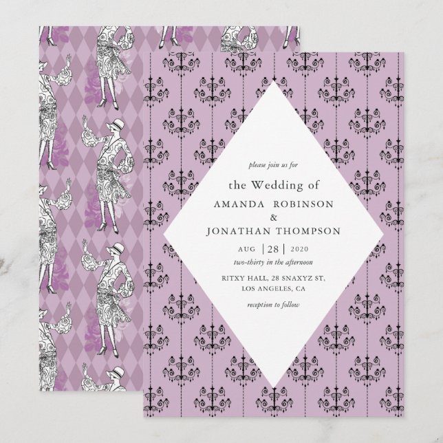 Invitación París morado y negro Boda de caligrafía temática (Anverso / Reverso)