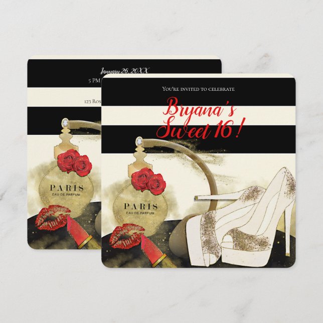 Invitación París Perfume Perfumes Tacones Rosas y Lápiz de La (Anverso / Reverso)