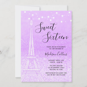 Invitación París Purpurina morado ilumina dulces 16