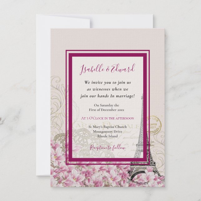 Invitación París Romántico en Primavera Flor de Rosa Borgoña (Anverso)