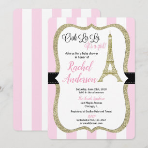 Invitación París rosa y dorado chica invitado a la ducha de b