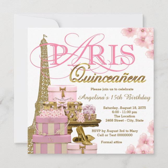 Invitación París Rosa y Oro Quinceanera (Anverso)