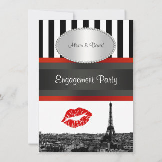 Invitación Paris Skyline BW Stripe Red Kiss PV Compromiso