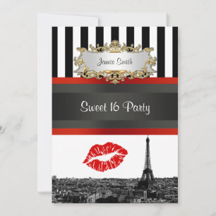 Invitación Paris Skyline BW Stripe Red Kiss Sweet 16 Fiesta