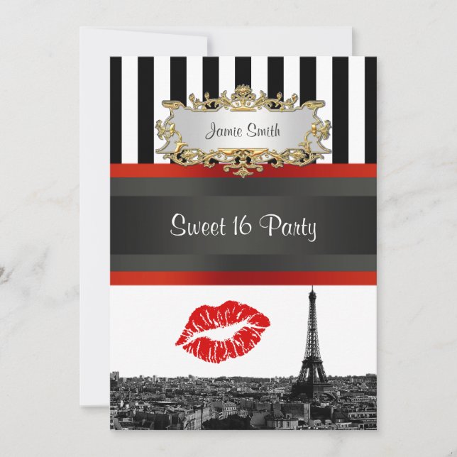 Invitación Paris Skyline BW Stripe Red Kiss Sweet 16 Fiesta (Anverso)