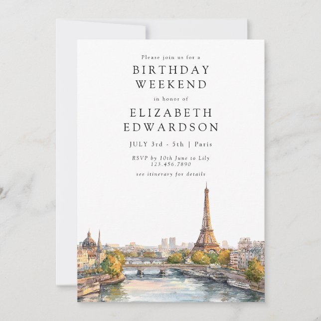 Invitación Paris Skyline Watercolor Birthday Weekend (Anverso)