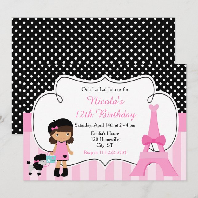 Invitación París Torre Eiffel Fiesta Chica afroamericano (Anverso / Reverso)