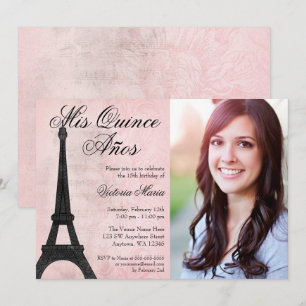 Invitación Paris Viejo Dulce Negro Rosa 15 Quinceanera