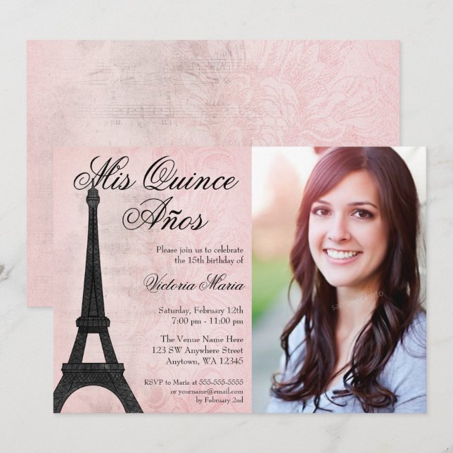 Invitación Paris Viejo Dulce Negro Rosa 15 Quinceanera (Anverso / Reverso)