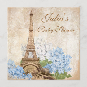 Invitación Paris Vintage Blue Hydrangea Baby Shower