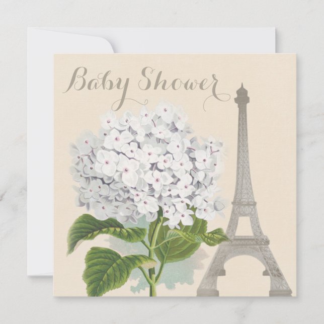 Invitación Paris Vintage White Hydrangea Flower Baby Shower (Anverso)