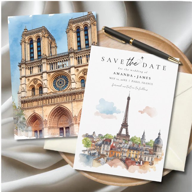 Invitación Paris Watercolor Skyline Save the Date (Paris-themed “Save the Date” card featuring watercolor illustrations of the Eiffel Tower.)