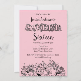 Invitación Parisian Boutique Pink Black Floral Sweet 16