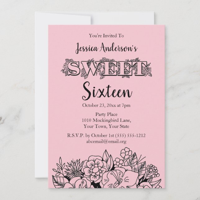 Invitación Parisian Boutique Pink Black Floral Sweet 16 (Anverso)