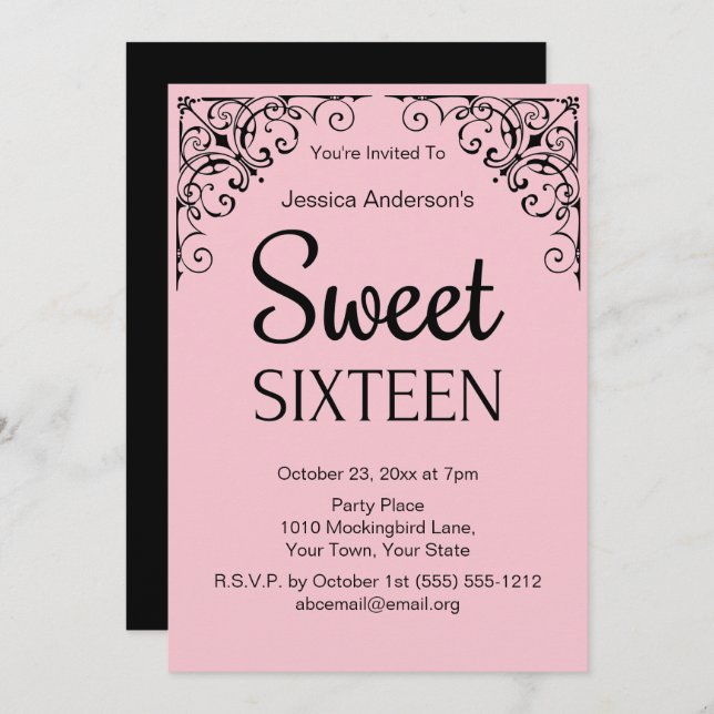 Invitación Parisian Boutique Pink Black Sweteen (Anverso / Reverso)