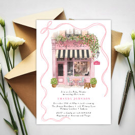 Invitación Parisian Cafe Bonjour Bebe Pink Bow Baby Shower 