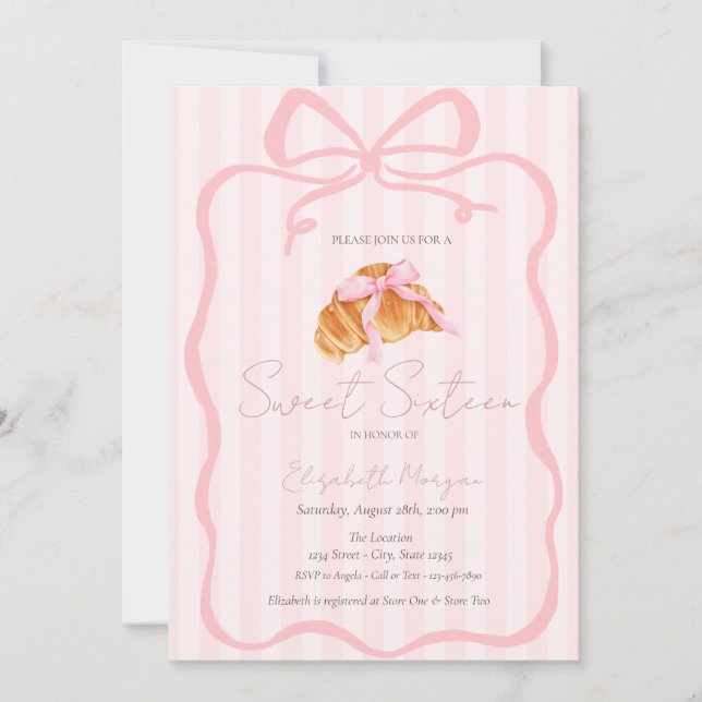 Invitación Parisian Croissant Pink Bow Pink Stripes Sweet 16 (Anverso)
