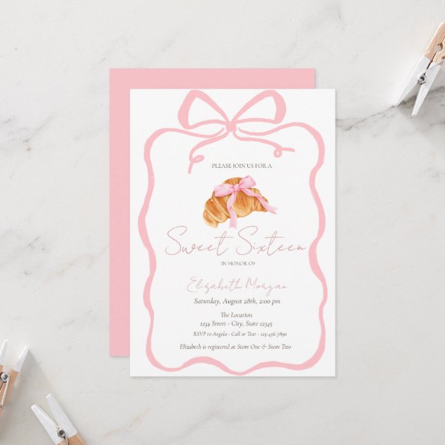 Invitación Parisian Croissant Pink Bow Sweet 16 (Anverso/Reverso In Situ)
