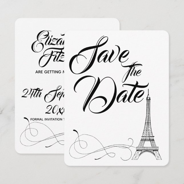 Invitación Parisian Doodles Wedding Save The Date (Anverso / Reverso)
