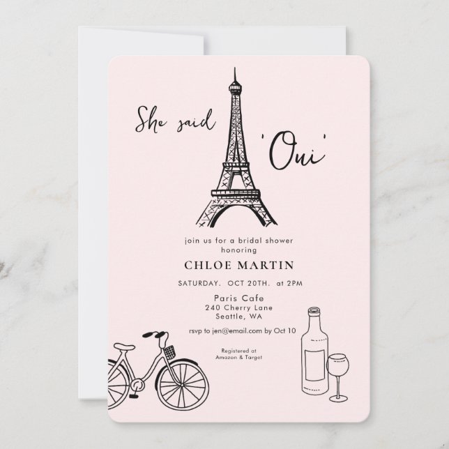 Invitación Parisian theme 'She sai Oui' Bridal shower (Anverso)