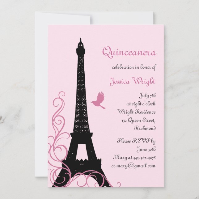 Invitación parisiense de Quinceanera (rosa) (Anverso)