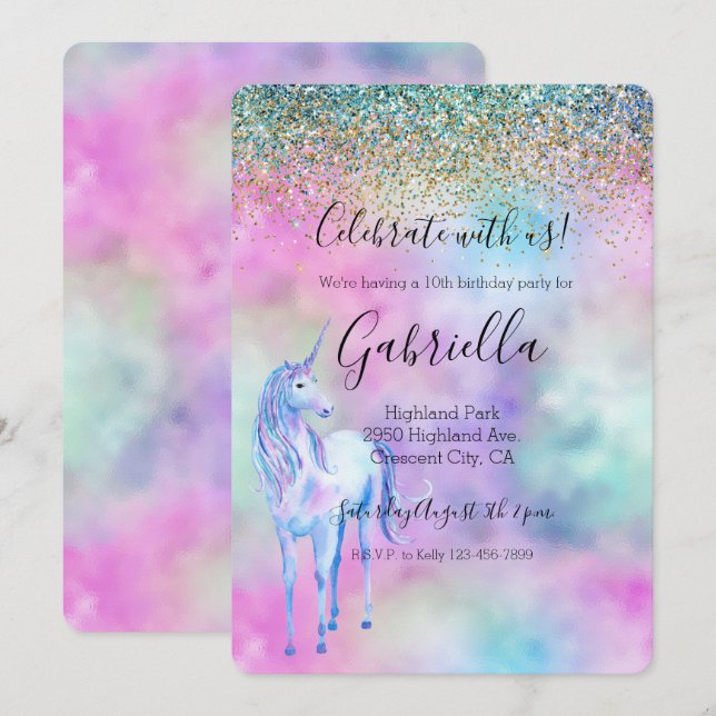 Invitación Parking de unicornio blanco morado de Purpurina Aq (Anverso / Reverso)