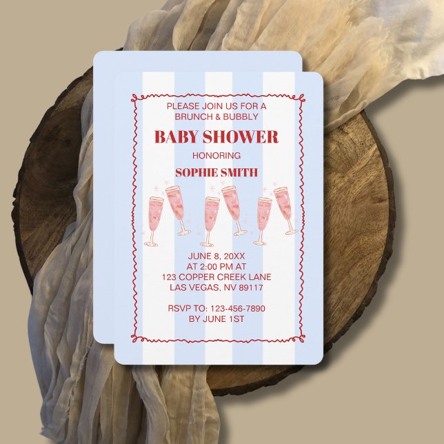 Invitación Paro Azul Borde Rojo Brunch & Bubbly Baby Shower (Subido por el creador)