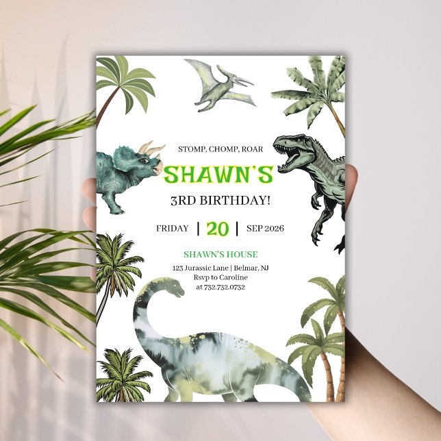 Invitación ¡Paro, Chomp, Roar! Dinosaurio 3.ᵉʳ Fiesta de cump (Stomp, Chomp, Roar! Dinosaur 3rd Birthday Party Invitation
)