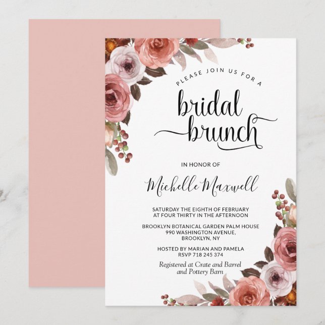 Invitación Paro de moda en Rosa, Brunch de novia floral (Anverso / Reverso)