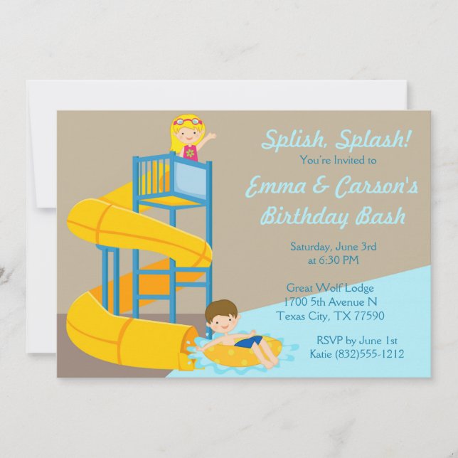 Invitación Parque Acuático Niños Cumpleaños Piscina de Agua D (Anverso)