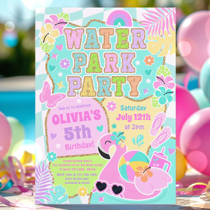 Invitación Parque Acuático Preppy Fiesta Cute Girly Pool Cump