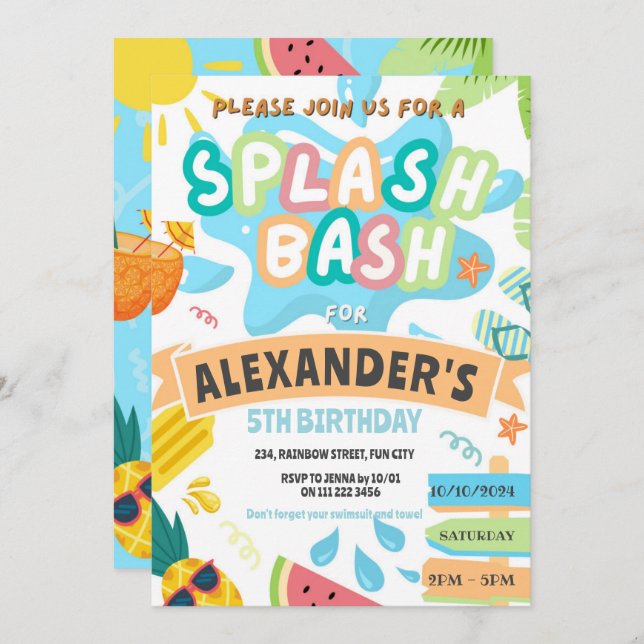 Invitación Parque acuático Summer Splash Pool Fiesta Boy Bash (Anverso / Reverso)
