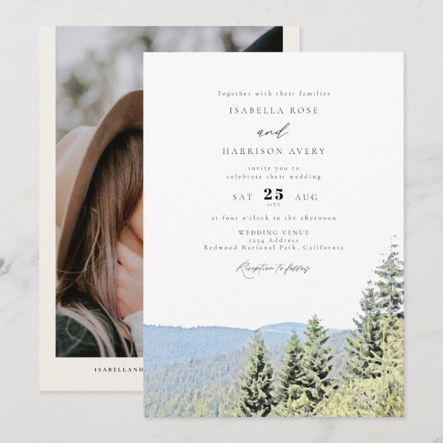 Invitación PARQUE NACIONAL REDWOOD Watercolor Forest Boda (Anverso / Reverso)
