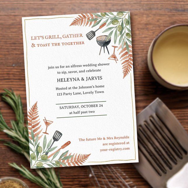 Invitación Parrilla Reunir Tostada Martini Despedida de solte (Simple Grill & Gather invite - from Couples Shower Invitation collection by Darling & May)