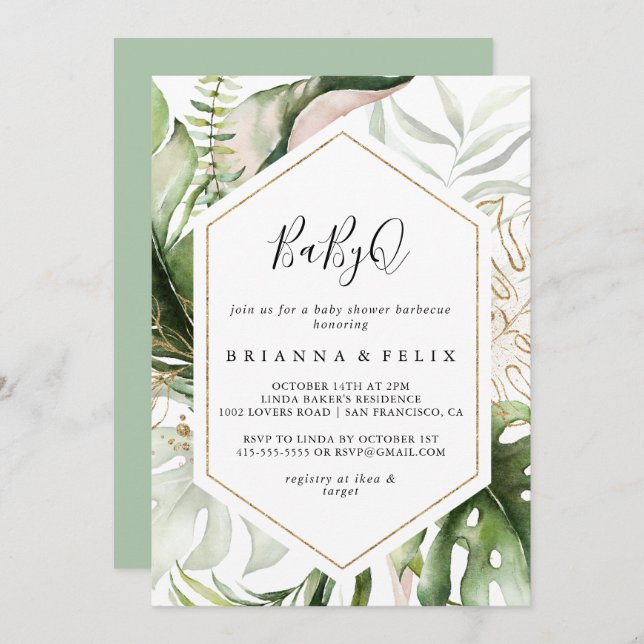 Invitación Parrillada Baby Shower Baby Tropical con Oro Geomé (Anverso / Reverso)