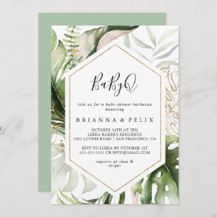 Invitación Parrillada Baby Shower Baby Tropical con Oro Geomé