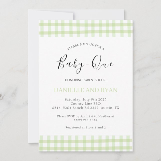 Invitación Parrillada Baby Shower de Baby Q Checkered Green B (Anverso)