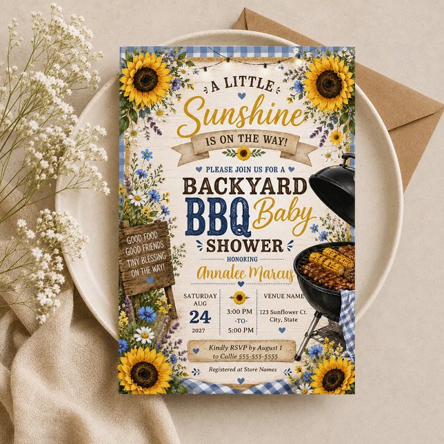 Invitación Parrillada de girasoles rústicos a cuadros azules  (Little Sunshine Backyard BBQ Baby Shower invitation)