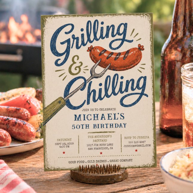 Invitación Parrillada y enfriamiento BBQ Cumpleaños 50 (Grilling & Chilling BBQ 50th Birthday Invitation)