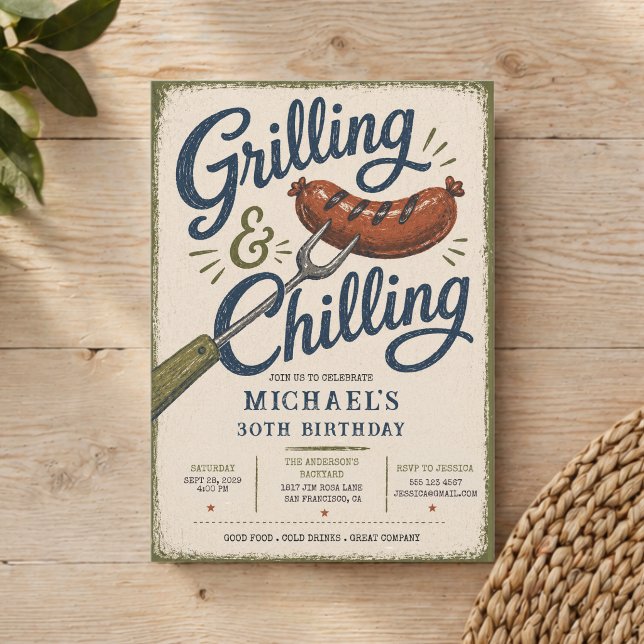 Invitación Parrillada y enfriamiento cumpleaños 30 BBQ (Grilling & Chilling BBQ 30th Birthday Invitation)