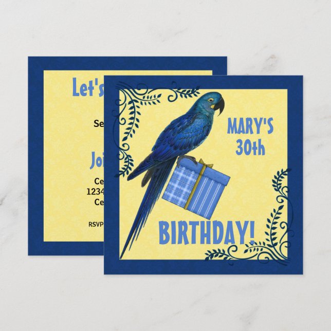 Invitación Parroquia de Macao azul y amarillo de cumpleaños (Anverso / Reverso)