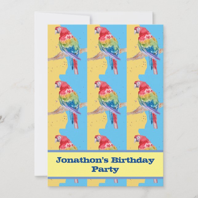 Invitación Parrot Macaw Blue Bird Birthday Chilys Boys amaril (Anverso)