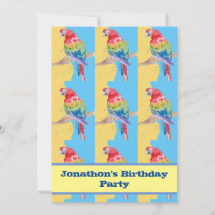Invitación Parrot Macaw Blue Bird Birthday Chilys Boys amaril