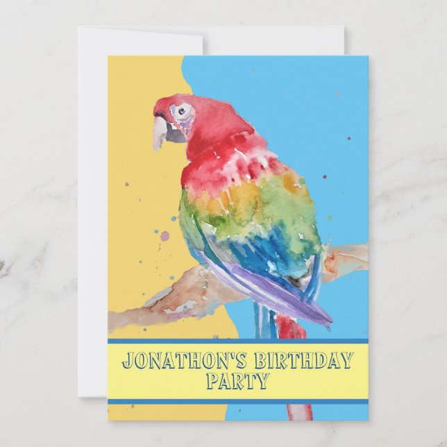 Invitación Parrot Macaw Blue Bird Birthday Chilys Boys amaril (Anverso)