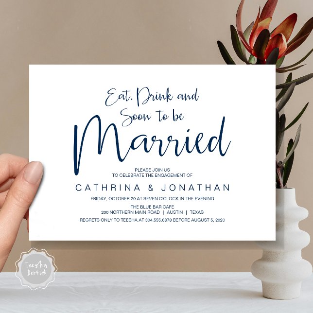 Invitación Parte de compromiso boda, guión de escritura a man (Eat, Drink, Soon To Be Married, Wedding Engagement Party Invitation Card, in Navy Blue)