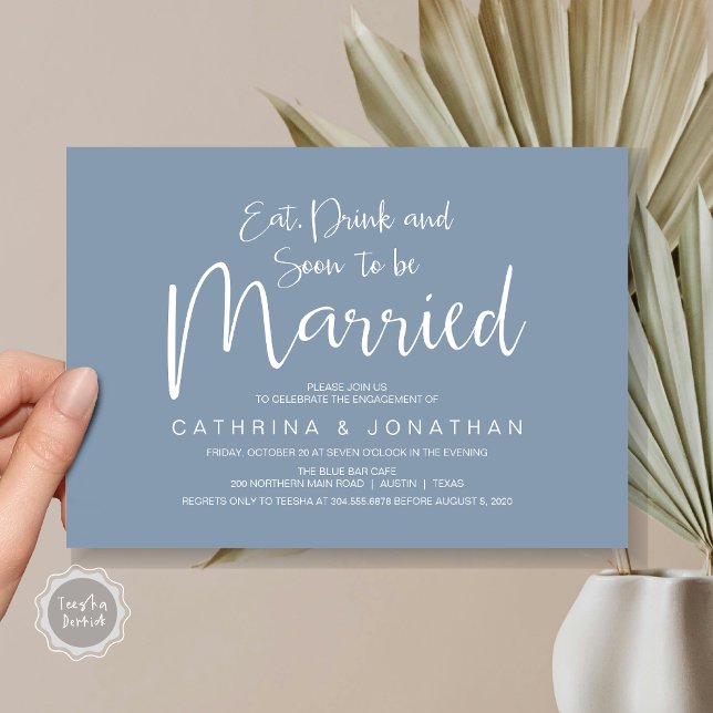 Invitación Parte de compromiso boda, guión de escritura a man (Eat, Drink, Soon To Be Married, Wedding Engagement Party Invitation Card, in Dusty Blue)
